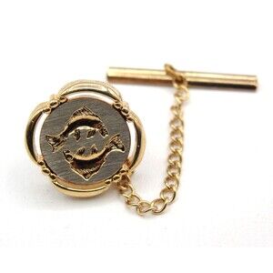 VINTAGE PISCES Zodiac Sign Fish Tie Tack Lapel Pin Chain Bar Astrology Men Gift